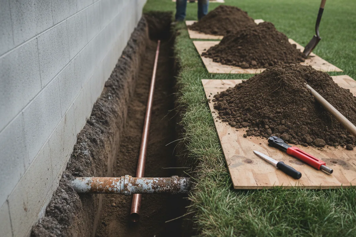 Excavated water line trench during Water Heater Repair in Highland